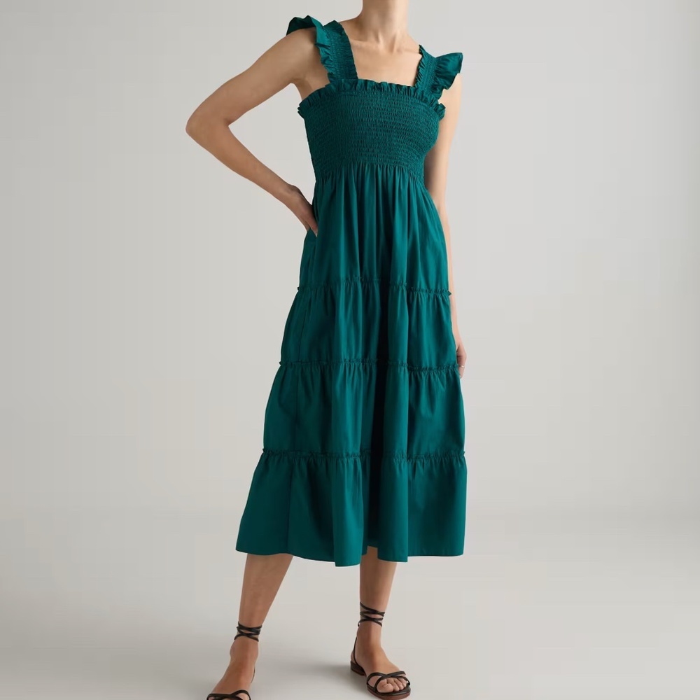 Quince 100% Organic Cotton Poplin Smocked Midi Dress, Garden Green